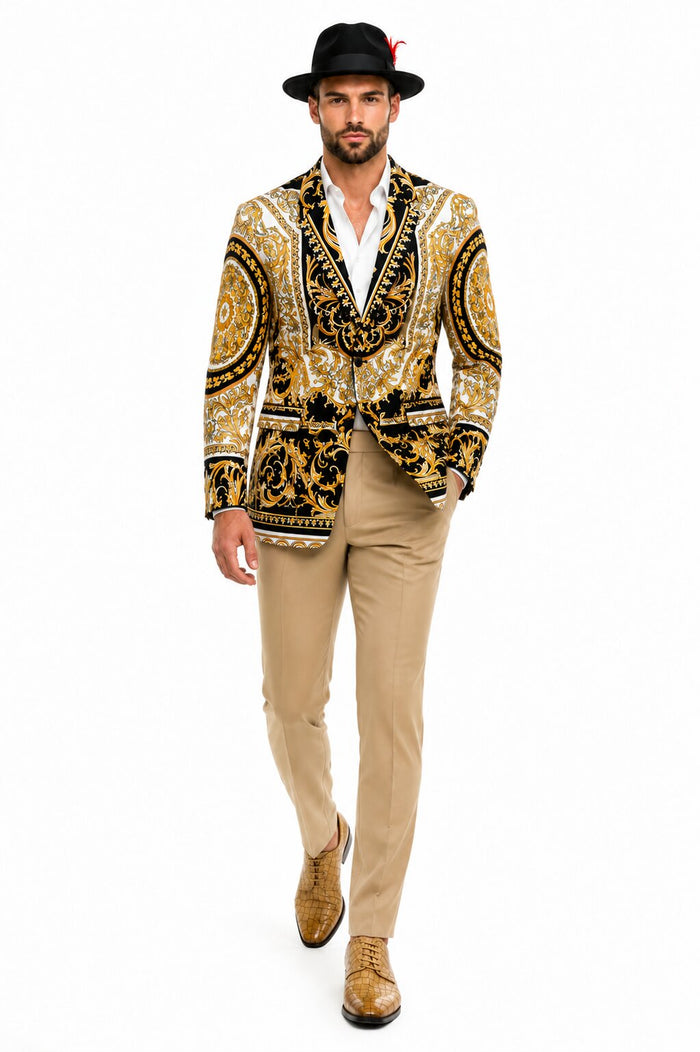 Men's Black and Gold Baroque Blazer with Matching Pants, Hat, and Shoes - Luxury Party and Wedding Outfit Set