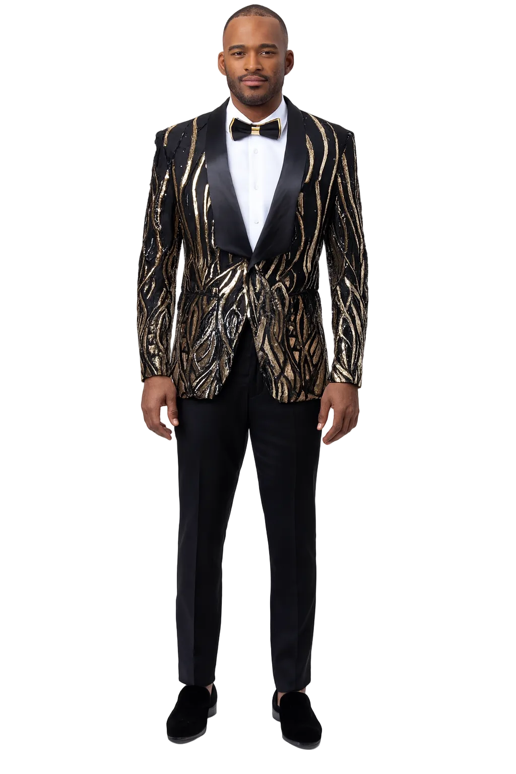 Black Tuxedo - Shawl Lapel Black and Gold Sequin Prom Tuxedo Mens Wedding Suit - Black Prom Suit