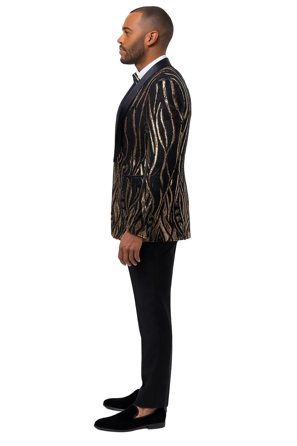 Black Tuxedo - Shawl Lapel Black and Gold Sequin Prom Tuxedo Mens Wedding Suit - Black Prom Suit