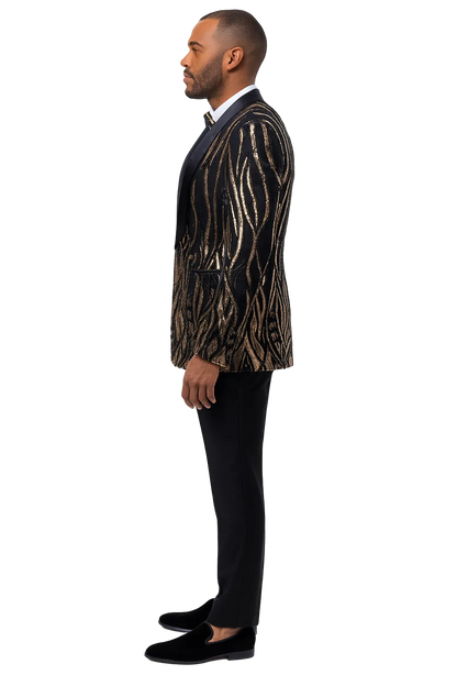 Black Tuxedo - Shawl Lapel Black and Gold Sequin Prom Tuxedo Mens Wedding Suit - Black Prom Suit