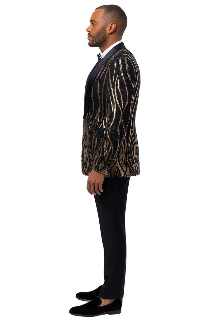 Black Tuxedo - Shawl Lapel Black and Gold Sequin Prom Tuxedo Mens Wedding Suit - Black Prom Suit