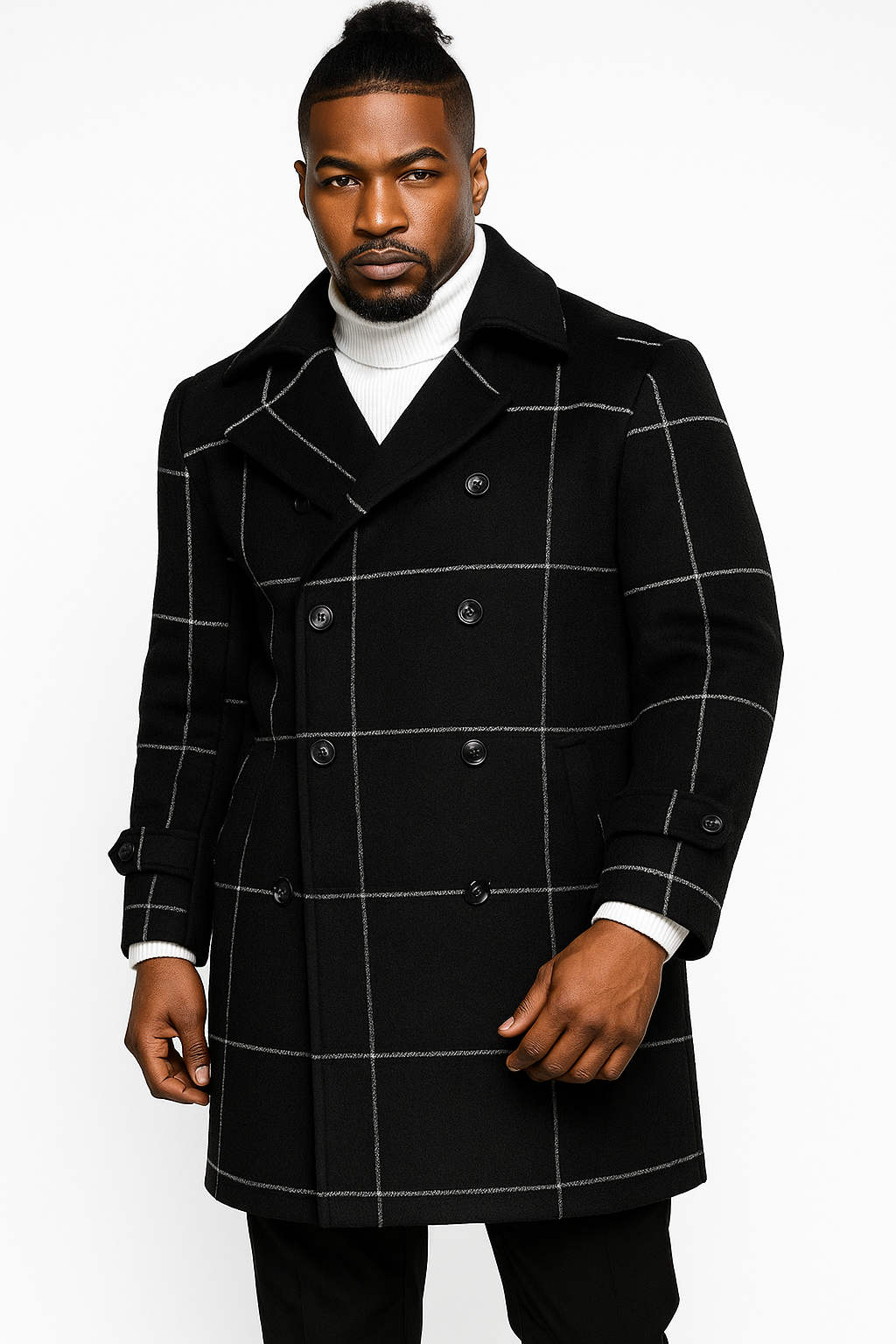 Mens Plaid Overcoat - Wool Peacoat - Plaid Topcoats Six Button Black