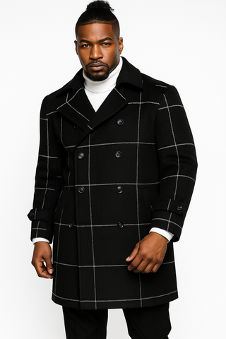 Mens Plaid Overcoat - Wool Peacoat - Plaid Topcoats Six Button Black
