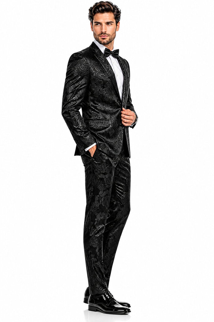 Mens 2 Button Shiny Black on Black Floral Paisley Prom & Wedding Tuxedo