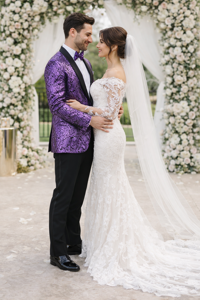 Mens Black & Purple Paisley Prom Tuxedo Smoking Jacket
