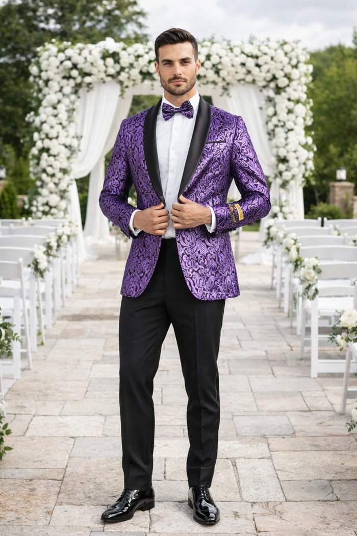 Mens Black & Purple Paisley Prom Tuxedo Smoking Jacket