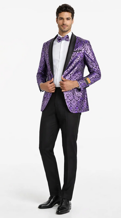 Mens Black & Purple Paisley Prom Tuxedo Smoking Jacket