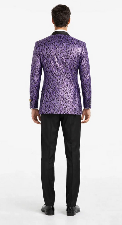 Mens Black & Purple Paisley Prom Tuxedo Smoking Jacket