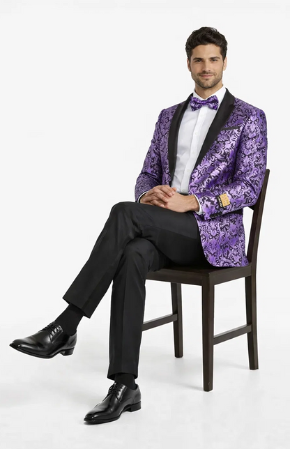 Mens Black & Purple Paisley Prom Tuxedo Smoking Jacket