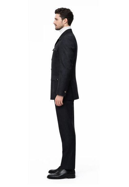 Men's Black Safari Suit with Textured Utility Jacket and Matching Trousers - Casual Walking Suit by Rossiman
