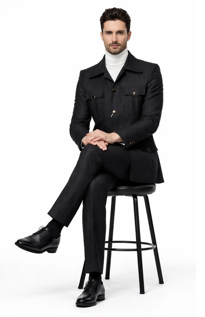 Men's Black Safari Suit with Textured Utility Jacket and Matching Trousers - Casual Walking Suit by Rossiman