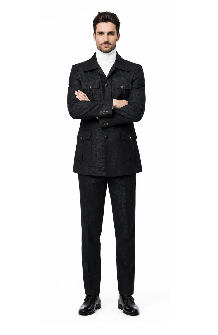 Men's Black Safari Suit with Textured Utility Jacket and Matching Trousers - Casual Walking Suit by Rossiman