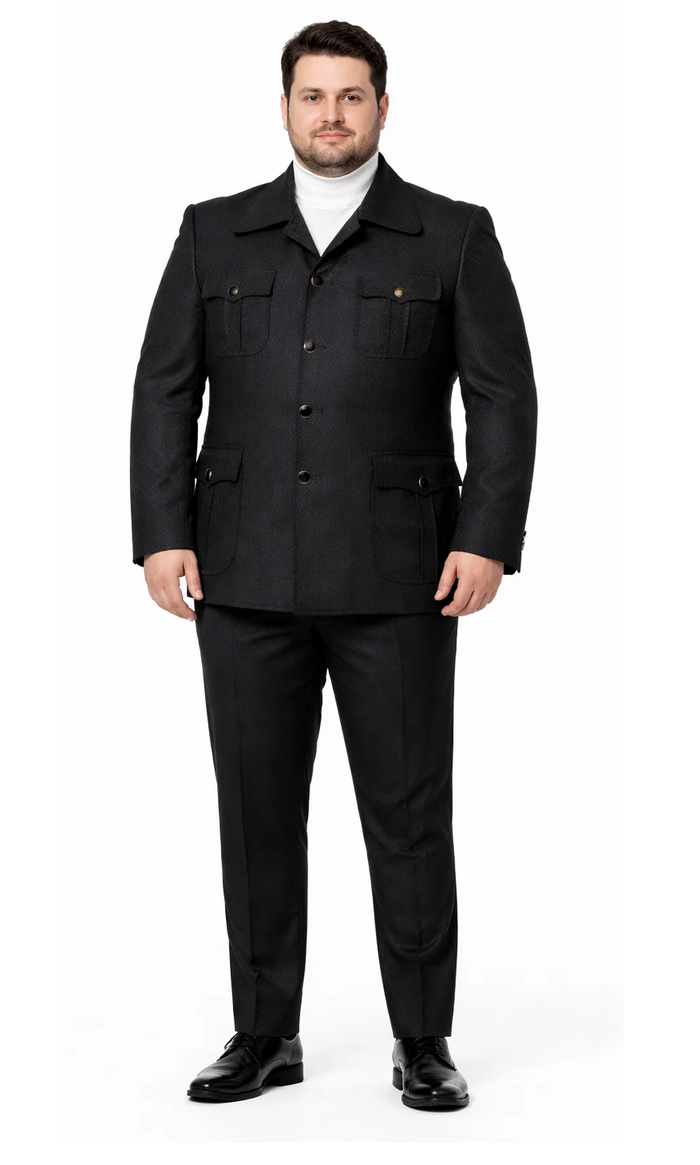 Men's Black Safari Suit with Textured Utility Jacket and Matching Trousers - Casual Walking Suit by Rossiman
