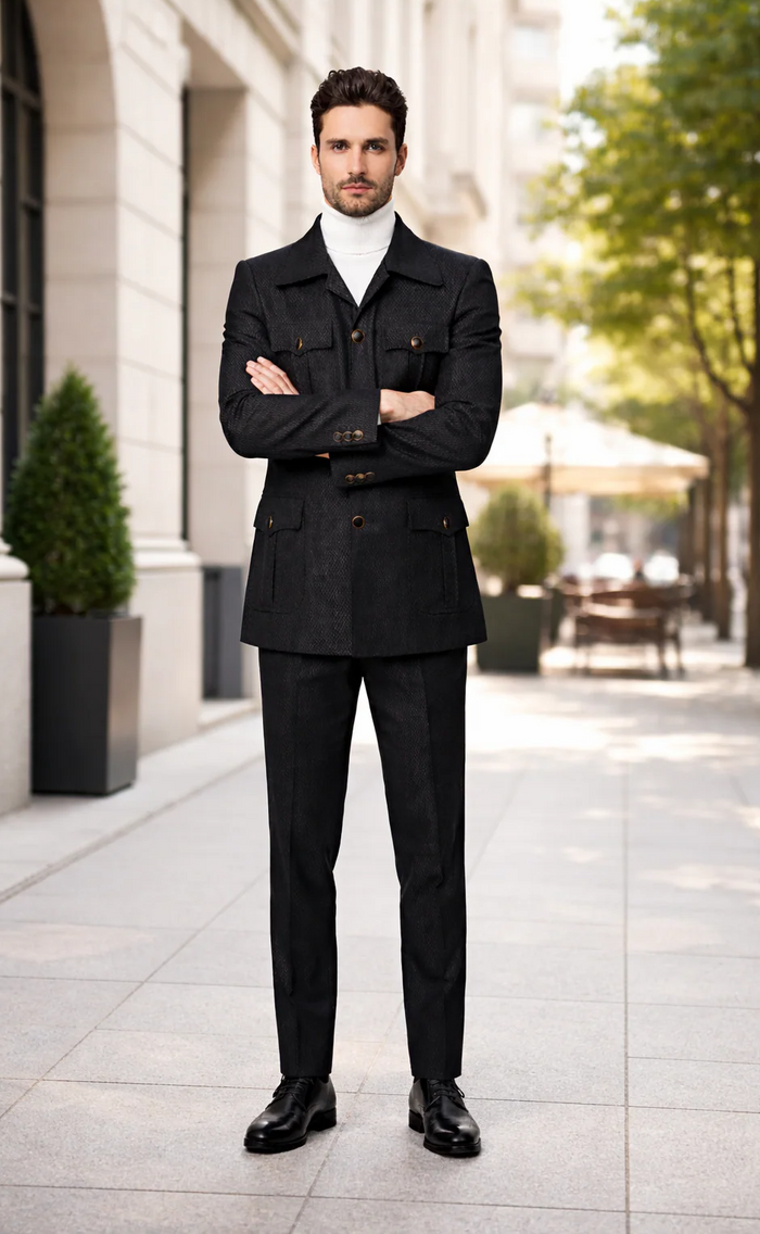Men's Black Safari Suit with Textured Utility Jacket and Matching Trousers - Casual Walking Suit by Rossiman
