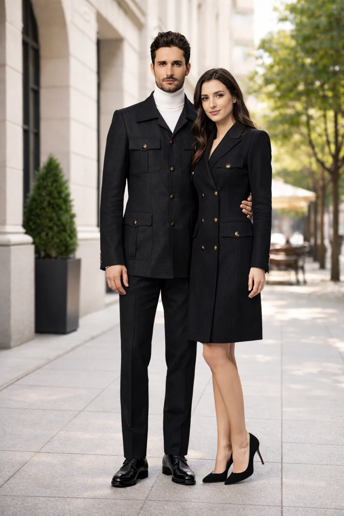 Men's Black Safari Suit with Textured Utility Jacket and Matching Trousers - Casual Walking Suit by Rossiman