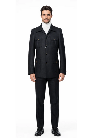 Men's Black Safari Suit with Textured Utility Jacket and Matching Trousers - Casual Walking Suit by Rossiman