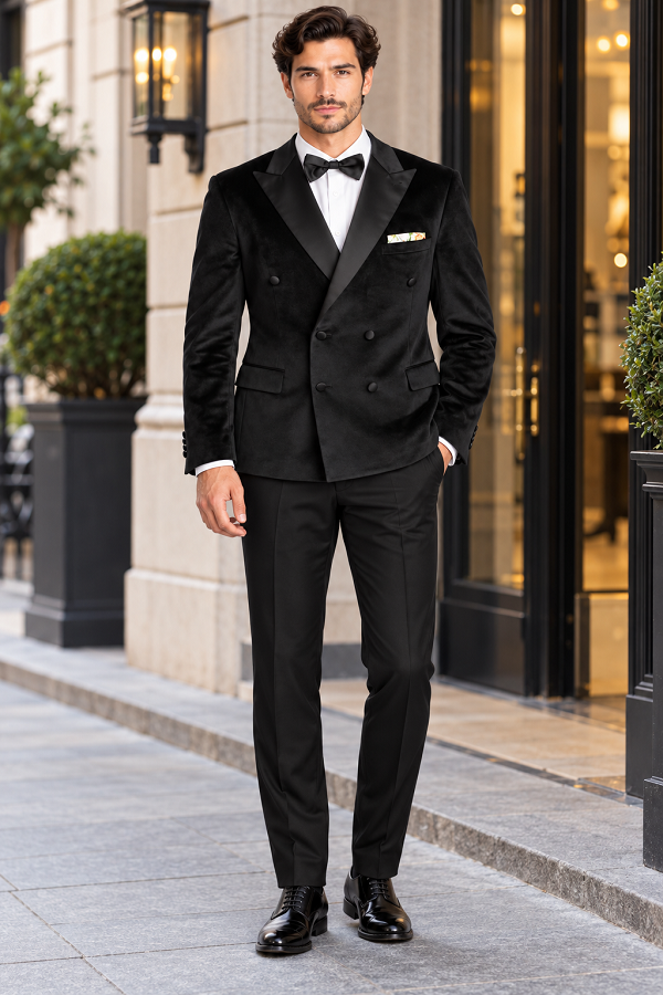 Mens Black Six Button Double Blazer Mens Black Velvet Tuxedo Sportcoat - Velvet Suits
