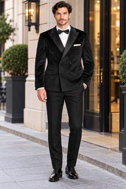 Mens Black Six Button Double Blazer Mens Black Velvet Tuxedo Sportcoat - Velvet Suits