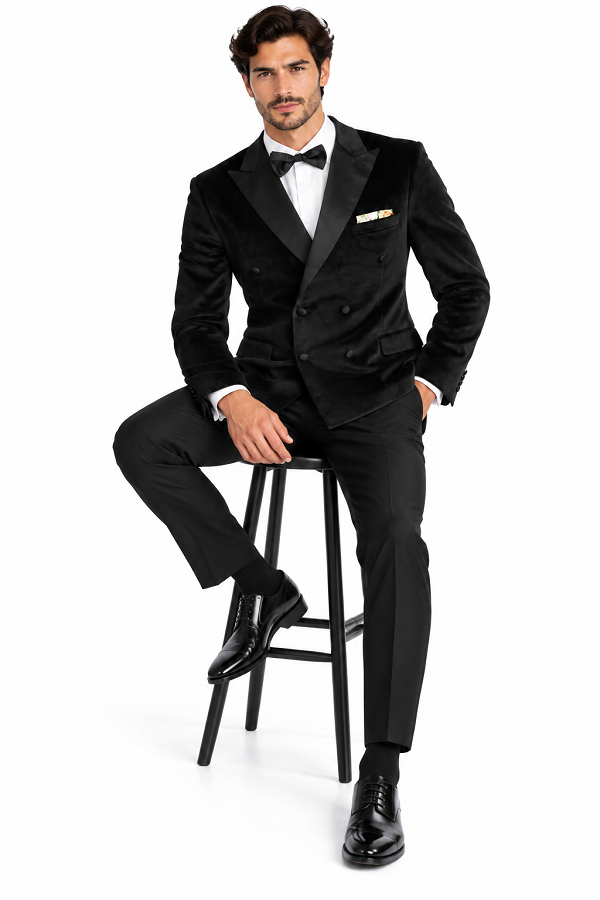 Mens Black Six Button Double Blazer Mens Black Velvet Tuxedo Sportcoat - Velvet Suits