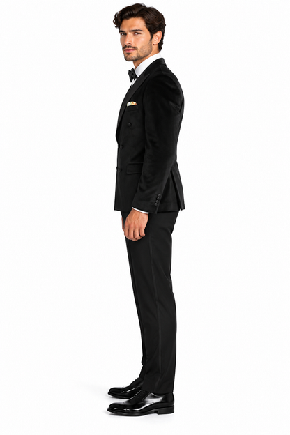 Mens Black Six Button Double Blazer Mens Black Velvet Tuxedo Sportcoat - Velvet Suits
