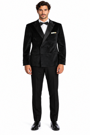 Mens Black Six Button Double Blazer Mens Black Velvet Tuxedo Sportcoat - Velvet Suits