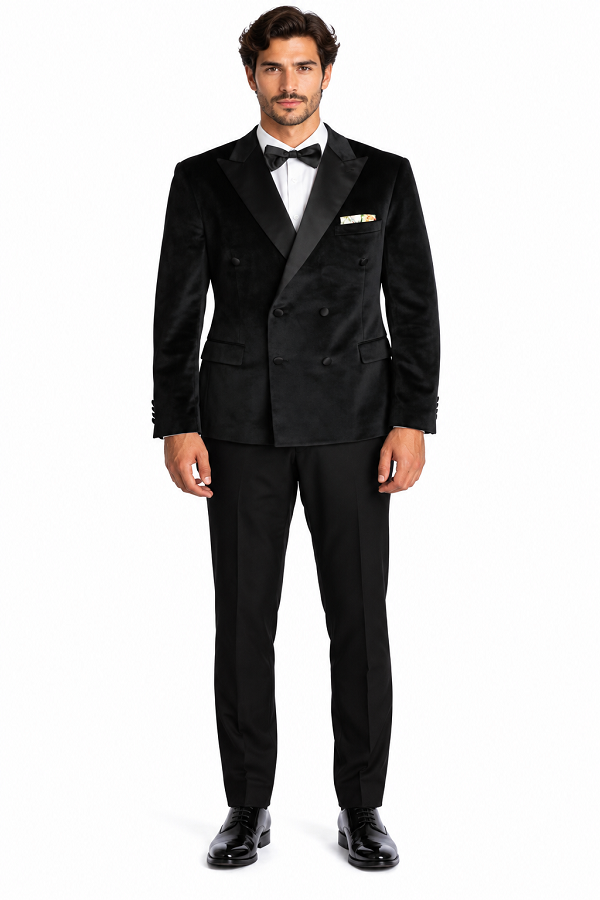 Mens Black Six Button Double Blazer Mens Black Velvet Tuxedo Sportcoat - Velvet Suits