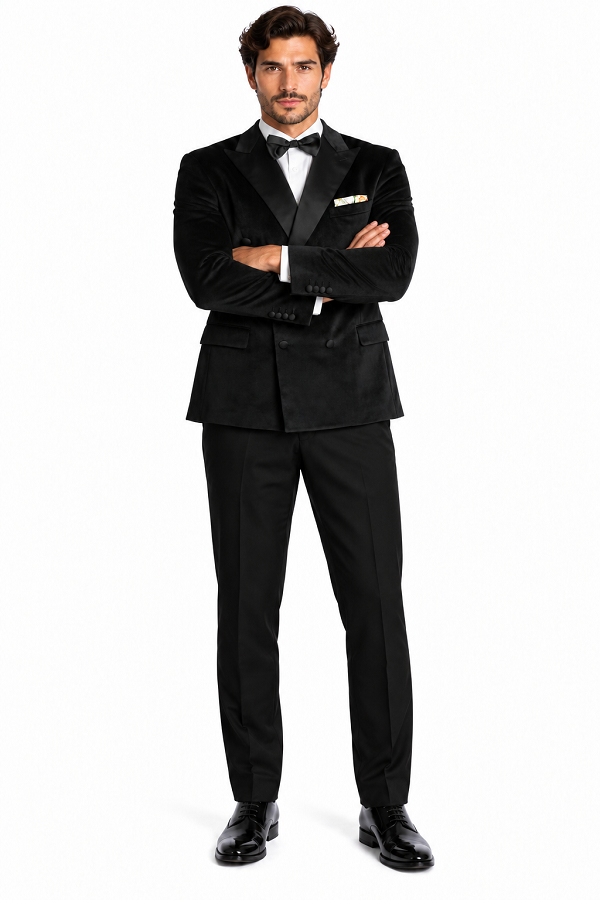 Mens Black Six Button Double Blazer Mens Black Velvet Tuxedo Sportcoat - Velvet Suits