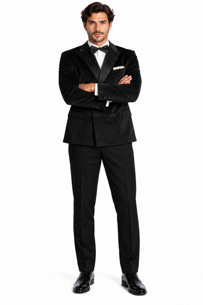 Mens Black Six Button Double Blazer Mens Black Velvet Tuxedo Sportcoat - Velvet Suits