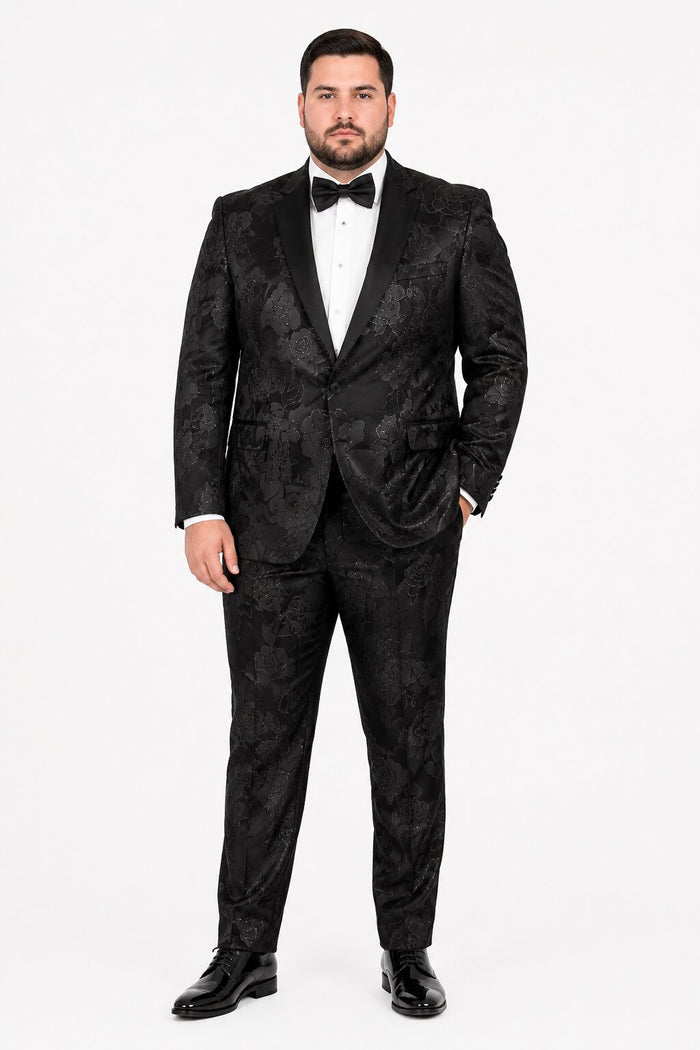 Mens 2 Button Shiny Black on Black Floral Paisley Prom & Wedding Tuxedo
