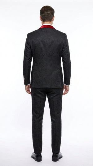 Men’s Black Paisley Tuxedo with Red Velvet Shawl Lapel – 3 Piece Wedding Prom Suit