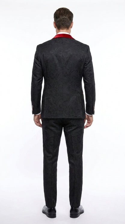 Men’s Black Paisley Tuxedo with Red Velvet Shawl Lapel – 3 Piece Wedding Prom Suit