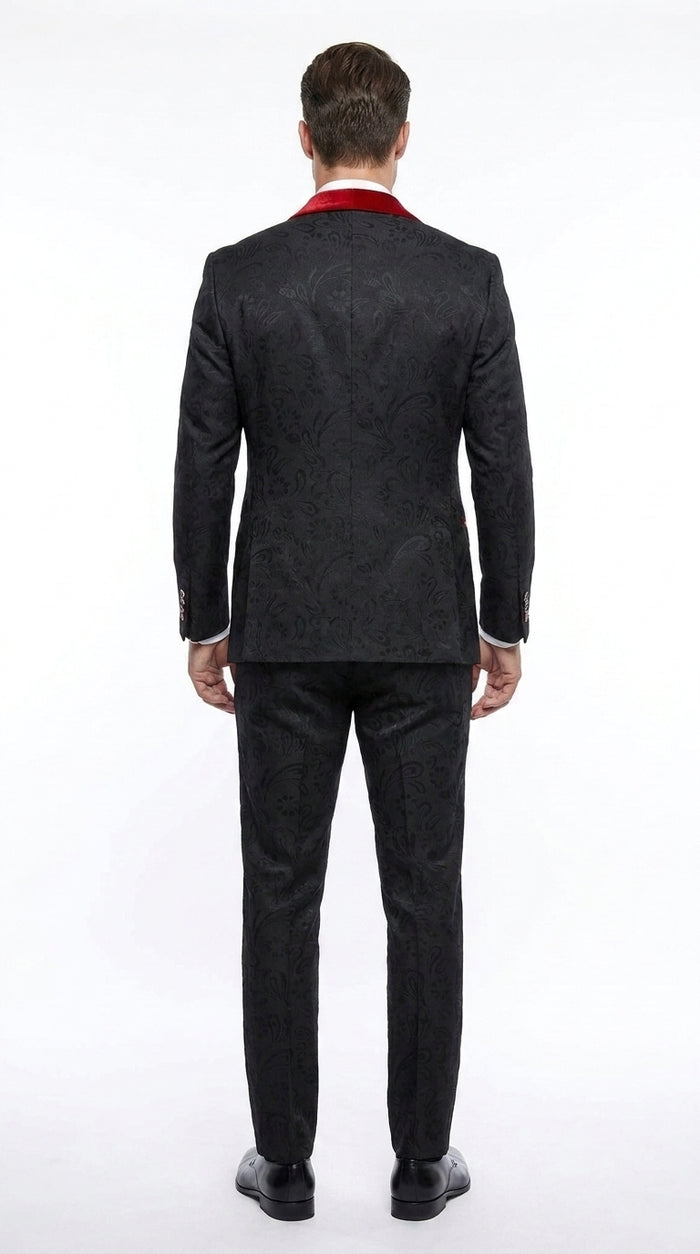 Men’s Black Paisley Tuxedo with Red Velvet Shawl Lapel – 3 Piece Wedding Prom Suit
