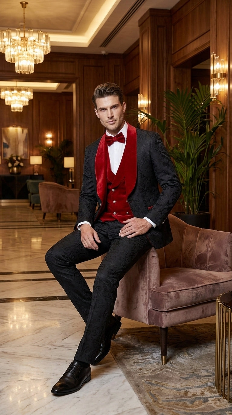 Men’s Black Paisley Tuxedo with Red Velvet Shawl Lapel – 3 Piece Wedding Prom Suit