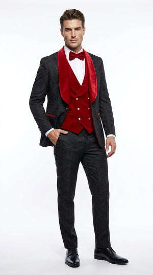Men’s Black Paisley Tuxedo with Red Velvet Shawl Lapel – 3 Piece Wedding Prom Suit