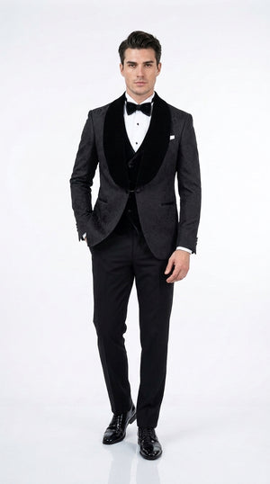 Men’s Black With Velvet collar 3 Piece Tuxedo Suit – Floral Jacquard Dinner Jacket with  Vest and Bowtie