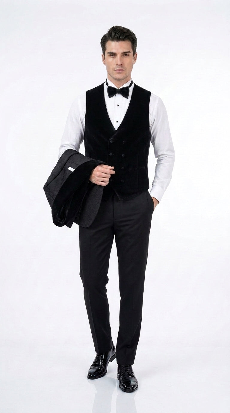 Men’s Black With Velvet collar 3 Piece Tuxedo Suit – Floral Jacquard Dinner Jacket with  Vest and Bowtie