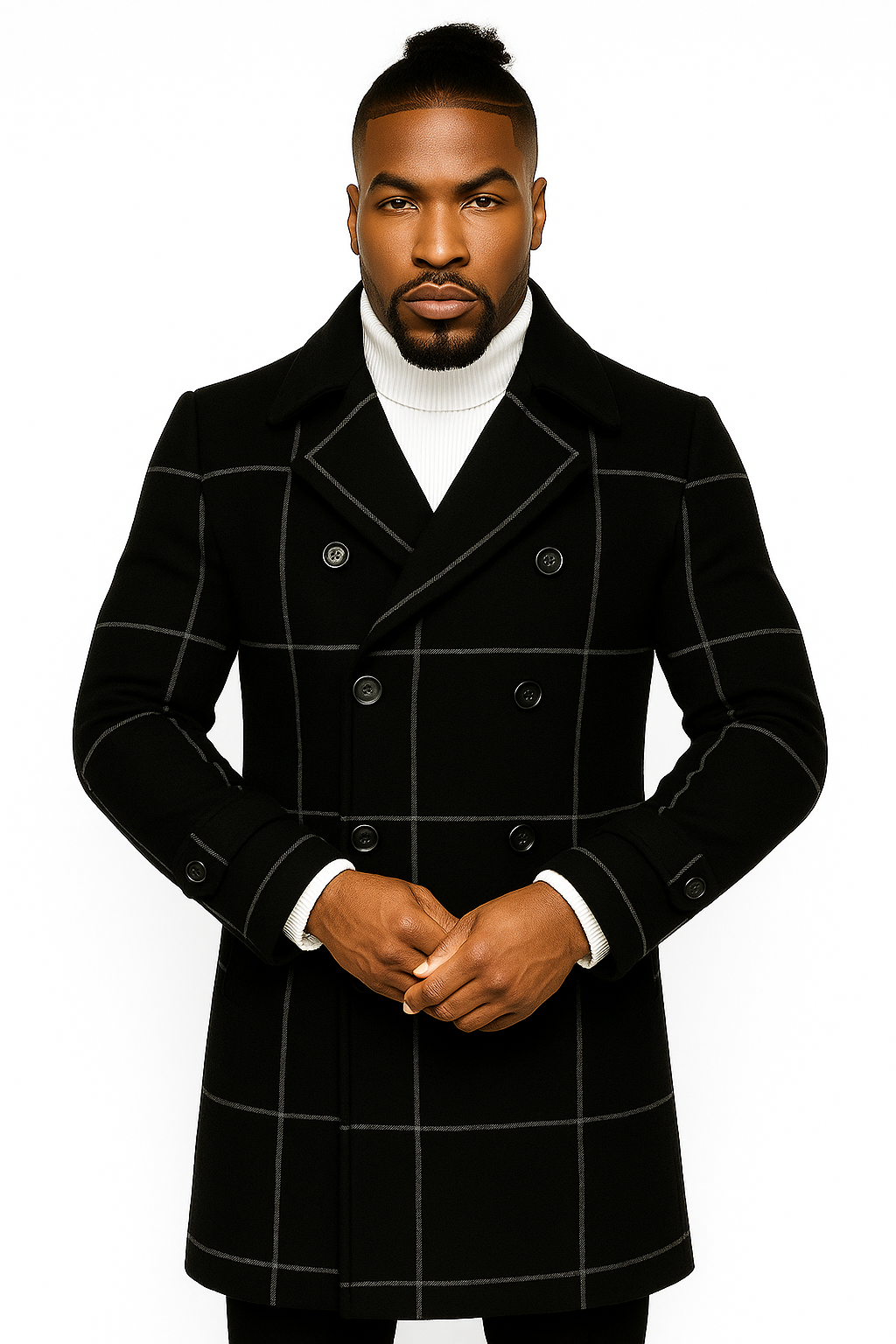 Mens Plaid Overcoat - Wool Peacoat - Plaid Topcoats Six Button Black