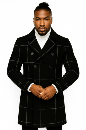 Mens Plaid Overcoat - Wool Peacoat - Plaid Topcoats Six Button Black