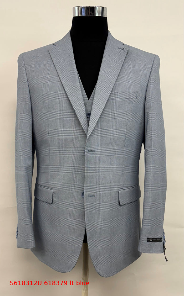 Men’s Grey Plaid 3-Piece Tailored Fit Suit with Vest