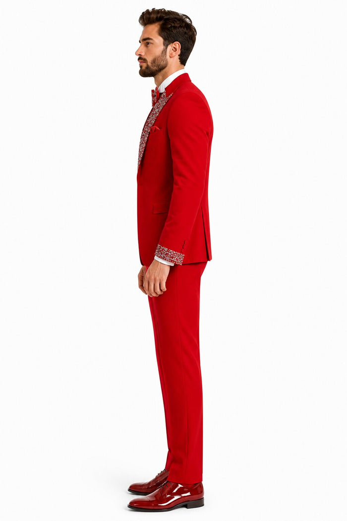 Red Prom Tuxedo - Perfect Wedding Suit Vested Rhinestone sequin Lapelled