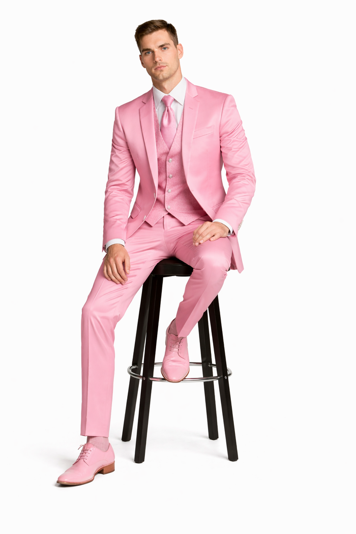 Mens Blush Shiny Blazer - Rose Gold  Sateen Vested Suit in Pink Color Jacket  Pants  Vest