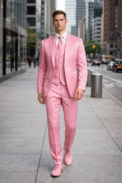 Mens Blush Shiny Blazer - Rose Gold  Sateen Vested Suit in Pink Color Jacket  Pants  Vest