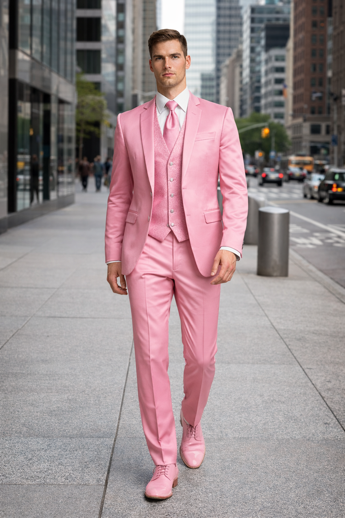 Mens Blush Shiny Blazer - Rose Gold  Sateen Vested Suit in Pink Color Jacket  Pants  Vest