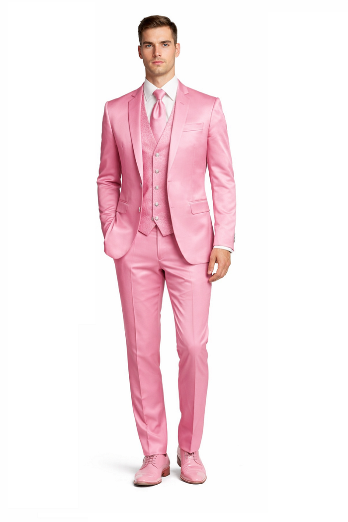 Mens Blush Shiny Blazer - Rose Gold  Sateen Vested Suit in Pink Color Jacket  Pants  Vest