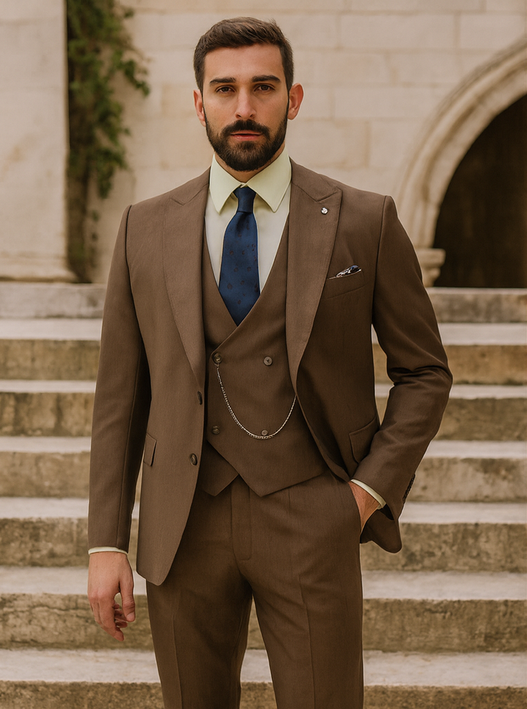 Classic Formal Brown Suit for Men – Vest & Chain 3-Piece Design