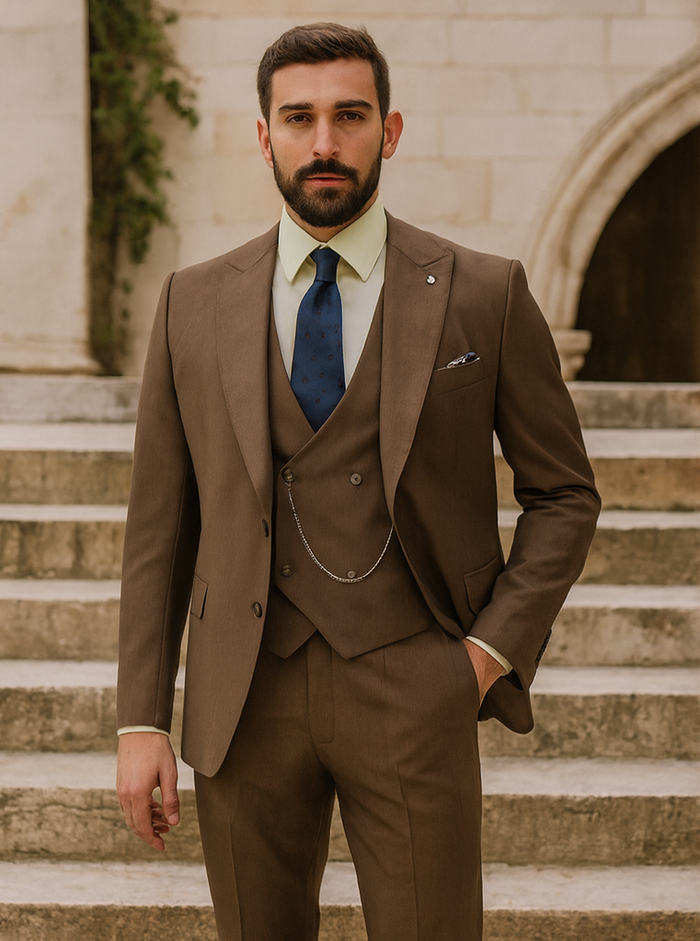 Classic Formal Brown Suit for Men - Vest & Chain 3-Piece Design