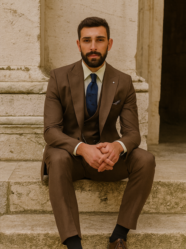 Classic Formal Brown Suit for Men – Vest & Chain 3-Piece Design