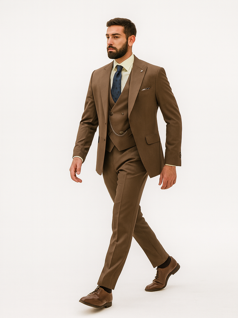Classic Formal Brown Suit for Men – Vest & Chain 3-Piece Design