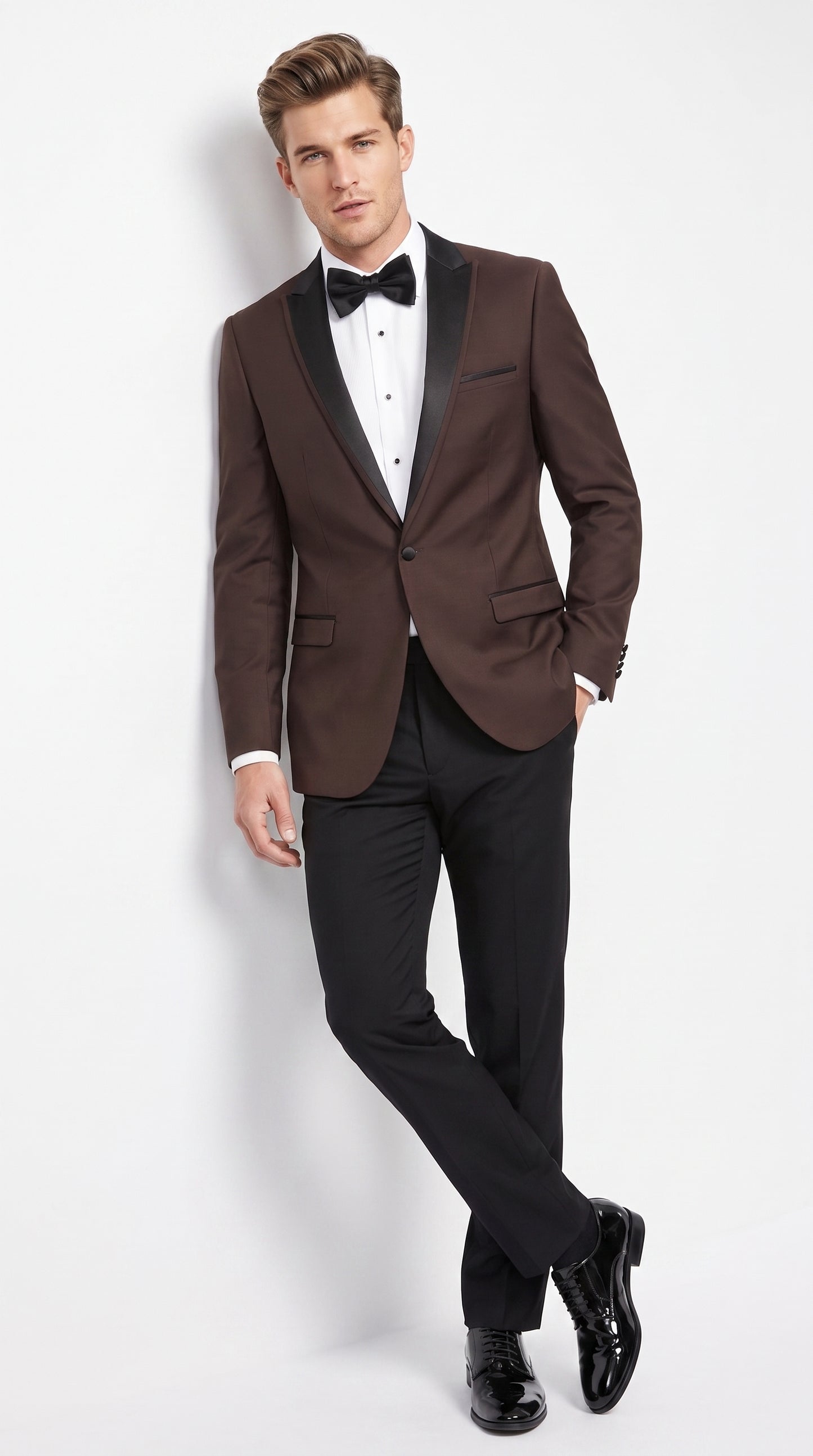 Mens Brown Dinner Jacket with Black Pants – Satin Lapel Tuxedo Suit for Weddings & Formal Events