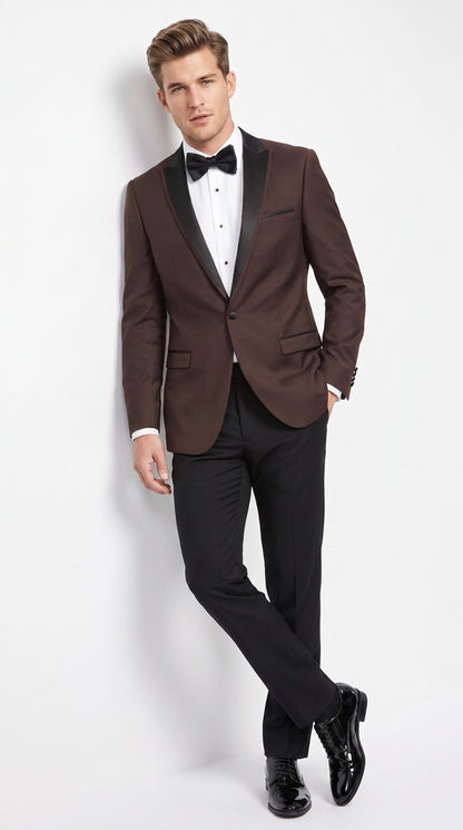 Mens Brown Dinner Jacket with Black Pants – Satin Lapel Tuxedo Suit for Weddings & Formal Events